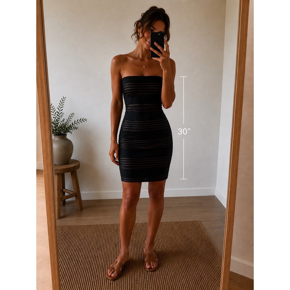 Cache Black Ribbon Tiered Strapless Bodycon Dress Size 8
